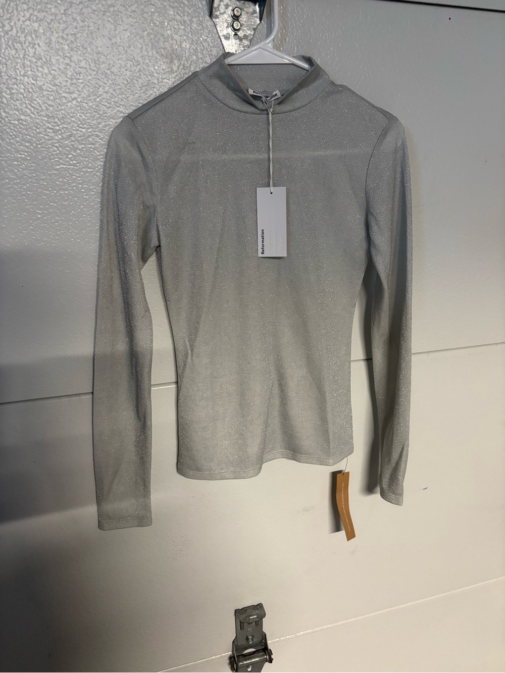 Reformation Silver Sparkle Mock Neck Long-Sleeve Top